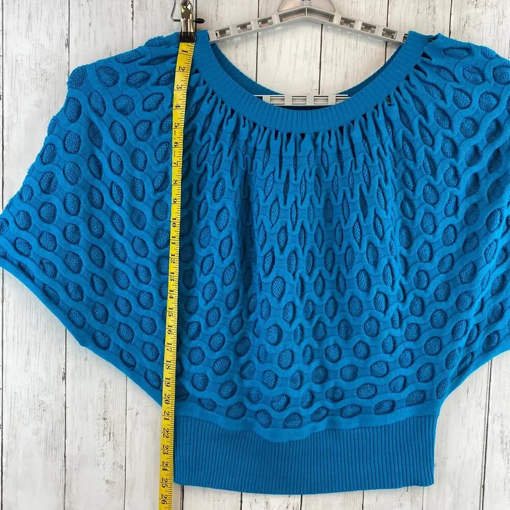 VTG Once Again Blue Honeycomb Knit Cropped Poncho-Style Sweater Top Size Medium - Picture 6 of 10